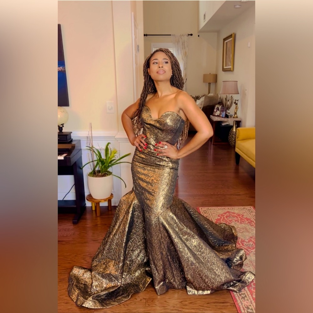 Mac Duggal metallic body gown